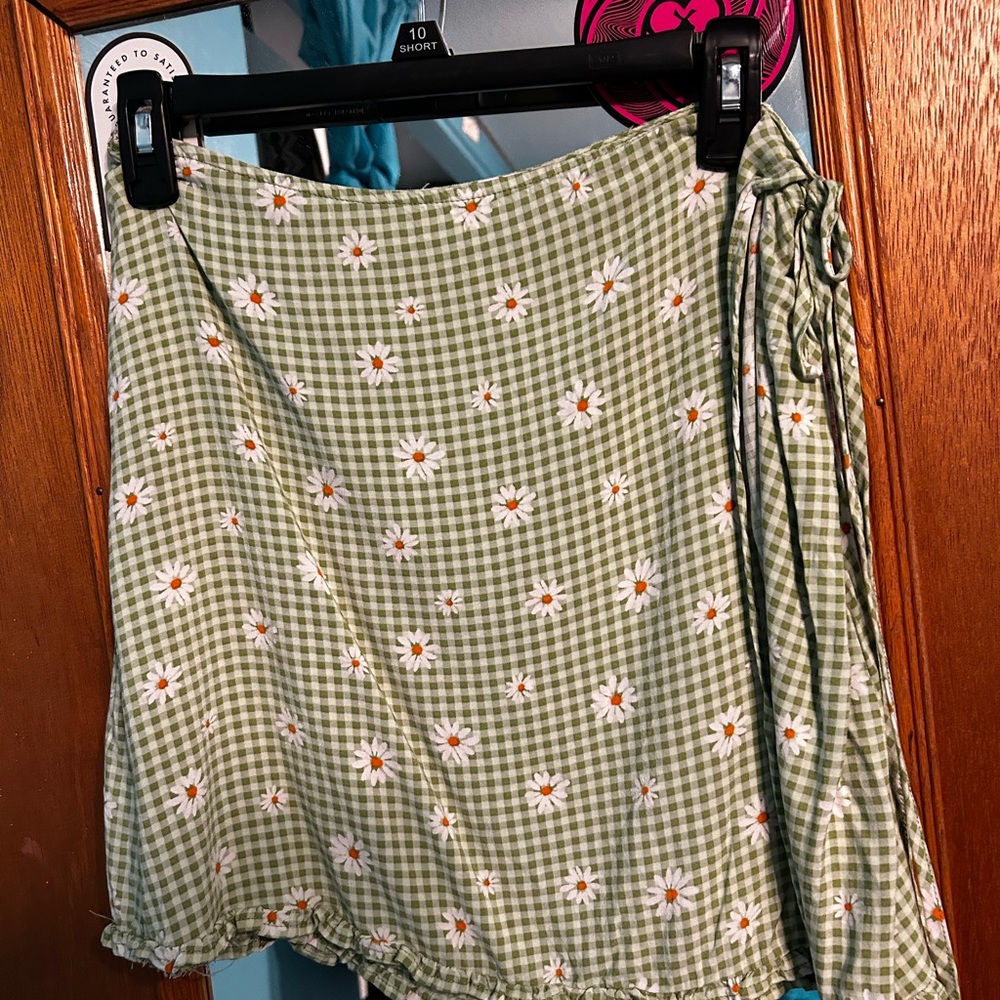 Green Gingham Floral Wrap Skirt